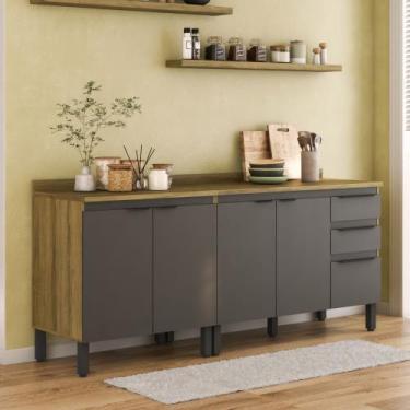 Imagem de Kit Cozinha Compacta 2 Balcões com Tampo 200cm Mel/Grafite - ClickCasa