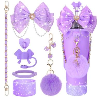 Imagem de Mity rain Acessórios de copo Bling para copo Stanley Cup 850.5 g 1,134.0 g 567.0 g copo com alça, incluindo capa de topo de palha de laço, decoração de arco de palha, alça de couro para garrafa de