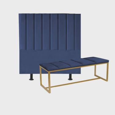 Imagem de Kit Cabeceira Carla e Recamier Industrial 140cm Casal Box Ferro Dourado Corino Azul Marinho - Ahz Móveis