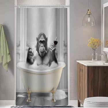Imagem de Funny Monkey Cortina de chuveiro masculina 91 x 182 cm, chimpanzé na banheira, preto, branco, animal, vida selvagem, meninos, adultos, conjunto de cortina de banheiro moderna, acessórios de decoração
