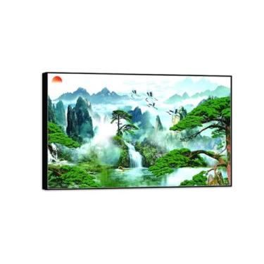 Imagem de Quadro de arte de parede Chinoiserie - Pintura de paisagem chinesa em tela - Montanha Árvore Lago - Pôster e impressões em moldura preta 30x50cm12x20in