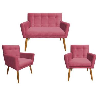 Imagem de Kit Namoradeira + 2 Poltronas Decorativa Onix Suede Rosa Pés Madeira M