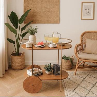 Imagem de Carrinho Bar Oval Ferro Dourado para Bebidas, Café, Chá e Serviço com 