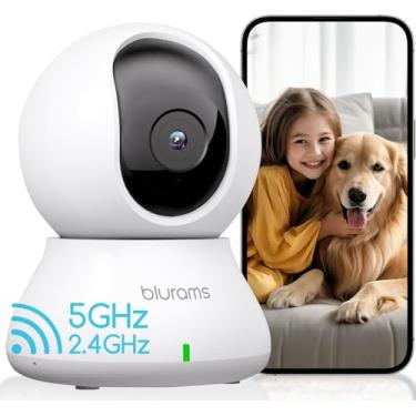 Imagem de blurams Câmera de segurança interna, câmera pet 2K, banda dupla de 5 GHz/2,4 GHz, câmera PTZ Dog com aplicativo de telefone, câmeras de 360° para segurança doméstica, áudio bidirecional, rastreamento