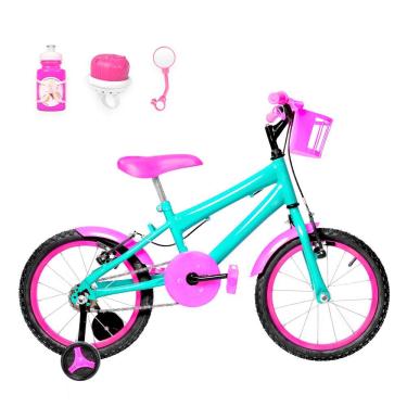 Imagem de Bicicleta Aro 16 Alumínio + Kit Passeio Verde Água E Pink