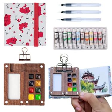 Imagem de Aimery Mini conjunto de paleta de aquarela portátil, minúscula mini paleta de pintura de tinta pequena kit de arte de viagem com caderno de desenho e caixa de tinta de madeira com 8 grades (gato rosa)