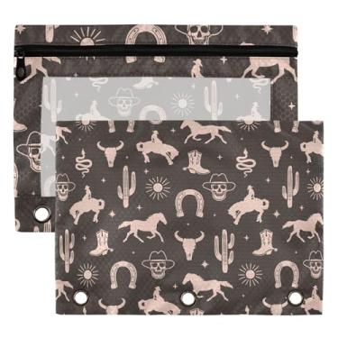 Imagem de Bolsa para fichário de caubói 3 anéis para meninos meninas escola escritório faculdade suprimentos cacto cavalo gado crânio estojo estojo estojo com janela transparente e zíper 2 unidades