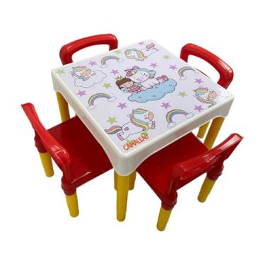Imagem de Kit Conjunto Mesa Infantil Com 4 Cadeiras Escolar Plástica Camaleão (Unicórnio)