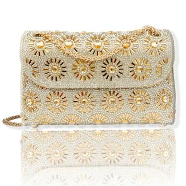 Imagem de YAPAIOU Bolsa clutch feminina de strass para noite, bolsa brilhante para formatura, festa de casamento, Flor dourada