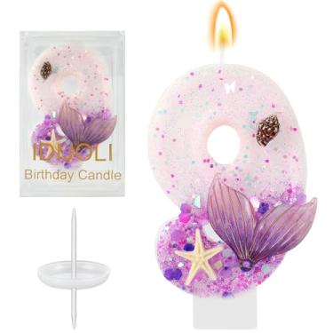 Imagem de IDIJOLI Vela roxa número 9 velas sereia aniversário 9º aniversário topo de bolo decorações de cupcake para meninas e mulheres, decoração de festa, aniversário, celebrações, suprimentos, lembrancinhas