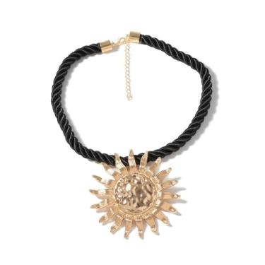 Imagem de Dtja Colar grande com pingente de flor de sol para mulheres, banhado a ouro, boêmio, feito à mão, corrente de corda de girassol martelado, colares ajustáveis, moda praia, férias, joias, 48 cm, Large