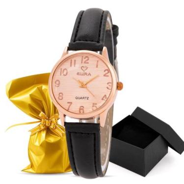 Imagem de Relógio Eura Dourado Feminino Pulseira de Couro Embalagem Presente, Ro