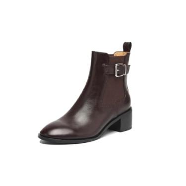 Imagem de TinaCus Bota feminina de couro legítimo feita à mão com painel elástico e fivela no tornozelo, bico redondo, salto baixo empilhado, Marrom, 39