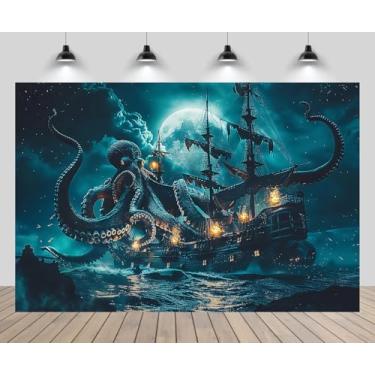 Imagem de CHNYWORK 3 x 2,4 m Fundo de Halloween Pirata Navio Pirata Creppy Polvo Monstro Fantasia Lua Cheia Noite Terror Alto Mar Fundo Náutico Pirata Tema Halloween Aniversário Festa de Casamento Adereços de