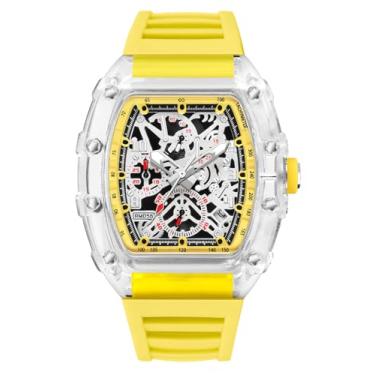 Imagem de BESTKANG Relógios masculinos modernos Hollowed Tonneau transparente, mostrador analógico, quartzo, data, à prova d'água, relógio de pulso masculino, Amarelo, Moderno, moderno