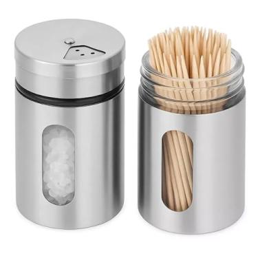 Imagem de 2 Porta Condimentos Inox com Visor de Vidro 100ml – Saleiro Porta Temperos Giratório com Tampa Ajustável – Pote Moderno para Cozinha Organizada