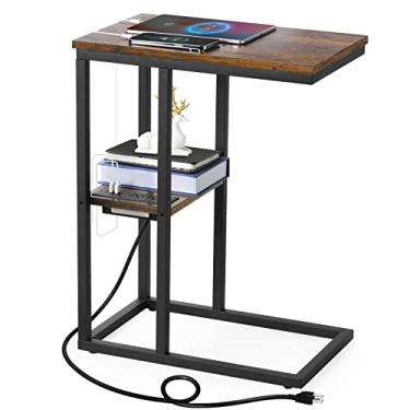 Imagem de Vagusicc Mesa de canto em forma de C com estação de carregamento, mesa lateral pequena para sofá, mesa de sofá, mesa de laptop para pequenos espaços, suporte de bandeja de TV para sala de estar