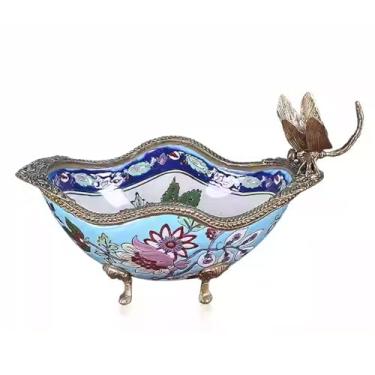 Imagem de Prato de frutas de cerâmica retrô, tigela de armazenamento floral pintada à mão criativa, fruteira decorativa para bancadas de cozinha, mesa de jantar