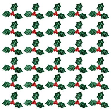 Imagem de Homoyoyo Hastes artificiais de azevinho de Natal 3 cm verde DIY folhas de azevinho frutas vermelhas picaretas ornamento artesanato