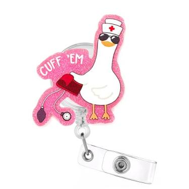 Imagem de Celokiy Carretel de crachá engraçado Silly Goose Nurse – Porta-identidade retrátil com glitter rosa para estudantes de enfermagem e equipe médica