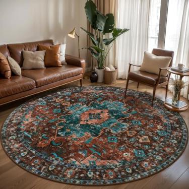Imagem de Ciicool Boho Tapete de área lavável, 1,8 x 1,8 m, redondo, tapete de quarto, antiderrapante, oriental, tapete de piso de pelo baixo para sala de jantar, sala de estar (vermelho tijolo/azul-petróleo)