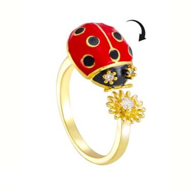 Imagem de Linda joaninha margarida floral anel fidget para mulheres anéis de declaração de ouro cristal CZ aberto ajustável animal floral aliança de casamento delicada rotação ansiedade TDAH alívio de estresse