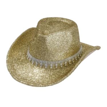 Imagem de Panchitalk Chapéu de cowboy com strass para homens e mulheres, estilo ocidental, aba larga, glitter, chapéu de cowgirl com diamante para casamento, Dourado, Tamanho Único