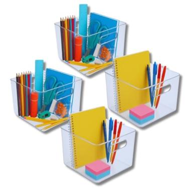 Imagem de Kit com 4 Organizadores Multiuso com alça, pequeno Quadrado 15x15cm, em Acrílico Transparente | Caixa Organizadora para Cozinha, Escritório, Banheiro, Despensa, Escritório e Material escolar
