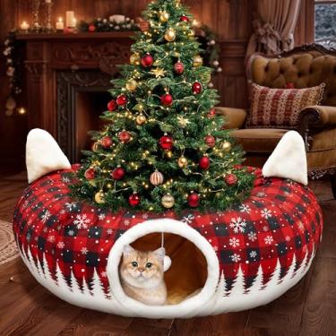 Imagem de CORALMEE Saia para árvore de Natal em túnel de gato, 0,9 m x 0,9 m x 25 cm, túneis para gatos internos, cama de túnel de gato xadrez de búfalo com bola pendurada, brinquedos para gatinhos em ambientes