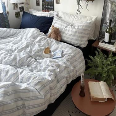 Imagem de VM VOUGEMARKET Conjunto de edredom listrado, solteiro, GG, listras verticais, minimalista, neutro, edredom para dormitório universitário, azul e branco