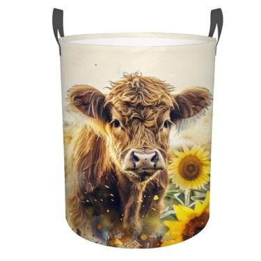 Imagem de Cesto de lavanderia Highland Cow, cesto de roupa suja com alças, cestas de armazenamento dobráveis para decoração de casa, escritório, organizador de brinquedos, 40 x 40 cm