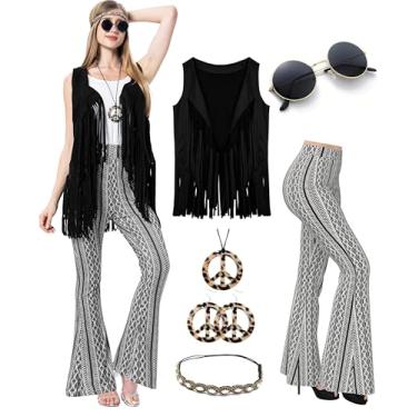 Imagem de MOLLDAN Conjunto de calça rodada retrô hippie para festa de Halloween dos anos 60 e 70 anos 60 anos, Preto, P