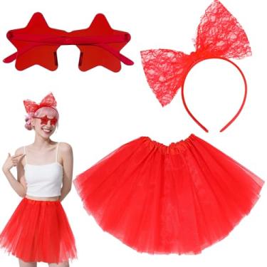 Imagem de Quilax Conjunto de 3 peças de tutu vermelho para meninas, conjunto de saias tutu de tule em camadas com óculos de estrela, faixa de cabeça de rabo de cavalo, fantasias Power Puff suprimentos de festa