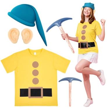 Imagem de Chicingyou Conjunto de fantasia de anão de Halloween, camiseta de anão, chapéu de gnomo, orelhas falsas, picareta para festa, cosplay, acessórios de fantasia de gnomo, Azul, amarelo, Large