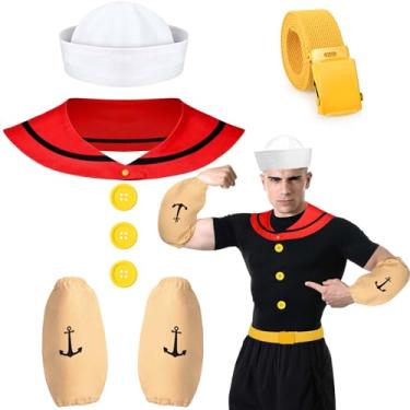 Imagem de JcHrmers 6 peças acessórios para fantasia de marinheiro de Halloween, gola de chapéu, braços, cachimbo amarelo, botões de cinto para Halloween, adulto, homem, cosplay, festa, traje