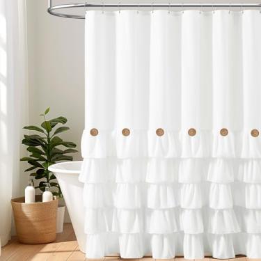 Imagem de BTTN Cortina de chuveiro Stall Farmhouse, 91 x 182 cm de tecido com babados estreitos com botões para banheiro, repelente de água, conjuntos modernos de cortina de chuveiro rústica chique gasto com 6