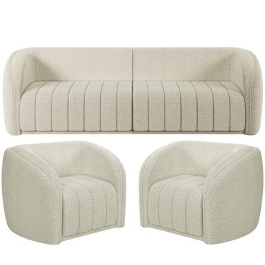 Imagem de Kit Sofá 4 Lugares Para Sala 252cm com 02 Poltronas Lazio M03 Bouclê Bege Claro - Lyam Decor