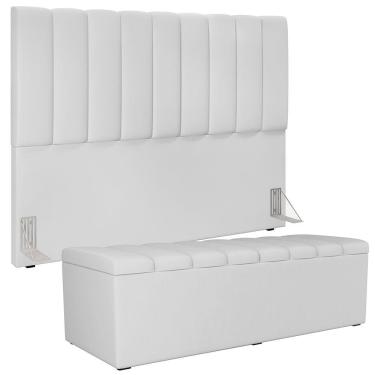 Imagem de Kit Cabeceira Cama Box Casal King 195cm com Calçadeira Baú Dália W01 Facto Branco - Lyam