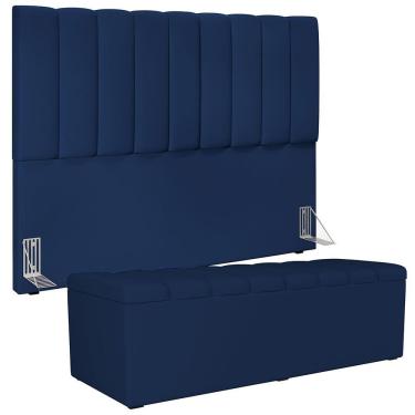 Imagem de Kit Cabeceira Cama Box Casal King 195cm com Calçadeira Baú Dália W01 Suede Azul Marinho - Lyam