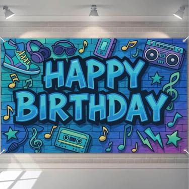 Imagem de HOMETITUTE Faixa de feliz aniversário decoração tema musical 188 x 109 cm faixa de aniversário com fita cassete retrô fones de ouvido tênis estrelas e notas para amantes de música festa de aniversário