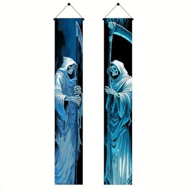 Imagem de BlissYard Banner de varanda de esqueleto do Ceifador de Halloween 30,5 x 188 cm Foice brilhante azul Banners assustadores de boas-vindas para decoração de casa assombrada assustadora de Halloween para