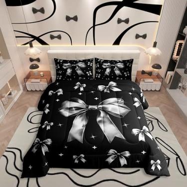 Imagem de Erosebridal Conjunto de edredom com laço preto luxuoso estilo princesa King para crianças, meninos, meninas, gravata borboleta, roupa de cama com estampa de estrelas brancas, conjunto de cama 3 peças
