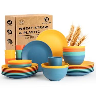 Imagem de BUSOKIP Conjunto de 40 peças de louça de palha de trigo | Serviço para 8, conjunto de pratos inquebráveis - prato de jantar, pratos do deserto, tigela de cereal, copos de bebida, lava-louças e