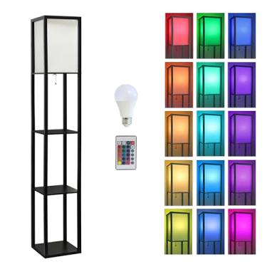 Imagem de Simple Designs LF1014-BLK-CCLB Luminária de chão organizadora de três prateleiras de 158,8 cm com sombra de linho branco para sala de estar, quarto, escritório, corredor, preta, com lâmpada LED que