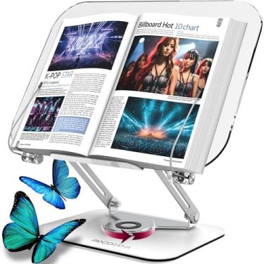 Imagem de Suporte de acrílico para livros com corpo giratório de 360°, suporte dobrável para livros, receitas e laptop, design ergonômico transparente e elegante, suporta até 4 kg