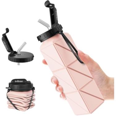 Imagem de Garrafas de água dobráveis, sem BPA, copo de garrafa de água dobrável de silicone com alça de canudo de 584 g para academia, viagem, acampamento, caminhada, corrida, esporte, rosa