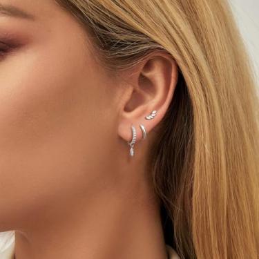 Imagem de Conjunto de brincos femininos de prata esterlina com pingente de argola de pressão banhado a ouro 14 K, brincos delicados para mulheres, conjunto de brincos de cartilagem, standard, Prata esterlina