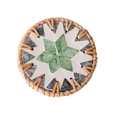 Imagem de 1 bandeja redonda de vime com base isolada, cesta de vime decorativa para decoração de mesa, exibição de café e suco de laranja (Bohemia)