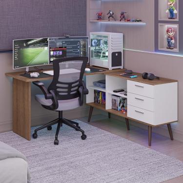 Imagem de Mesa Para Computador Gamer Em L 3 Gavetas Branco/rustic Lisboa Madesa