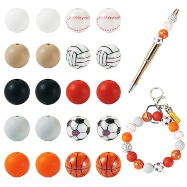 Imagem de 80 peças bola esportiva contas focais de silicone 15 mm redondo basquete futebol tênis vôlei contas de borracha rugby espaçador solto para fazer chaveiros, canetas, artesanato, colar, pulseira, cordão
